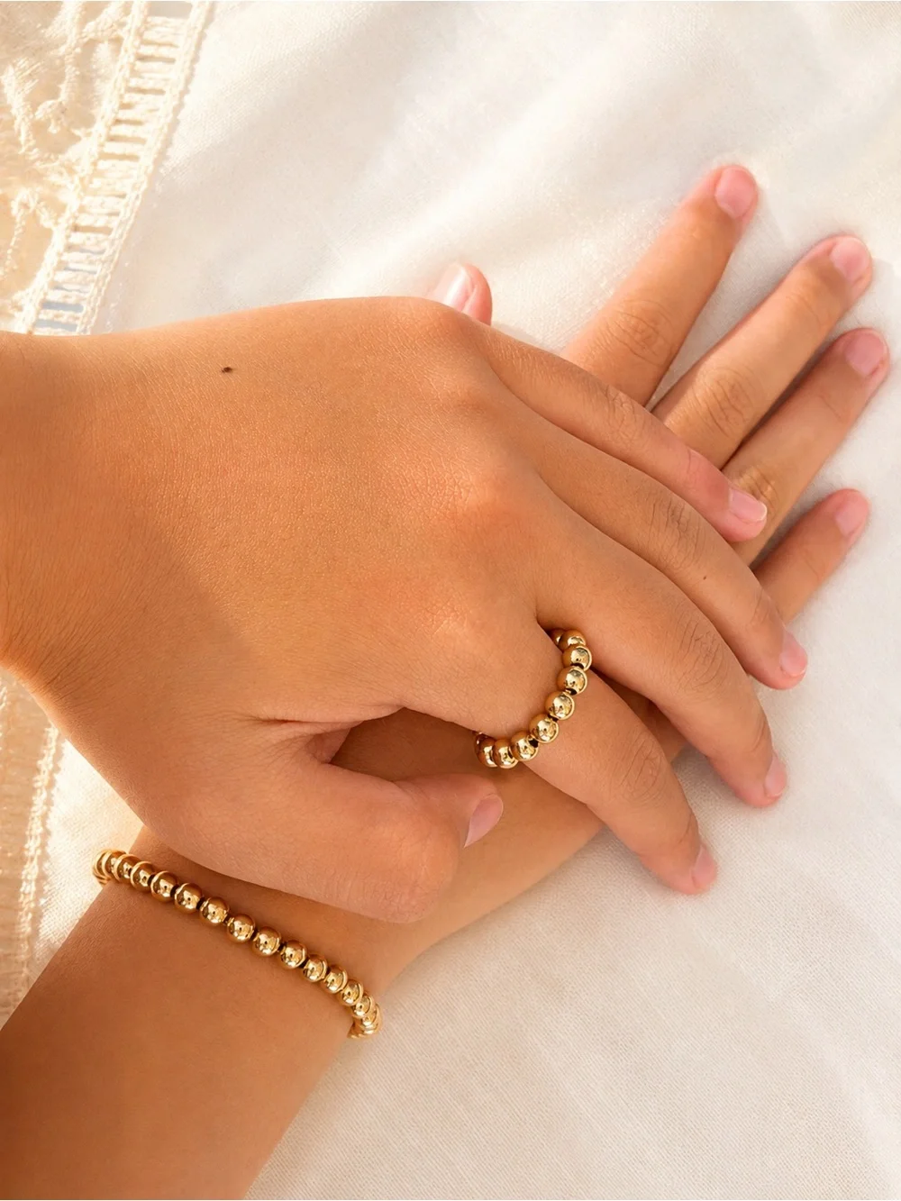 Gold Beaded Ring and Bracelet Set - Women Jewelry